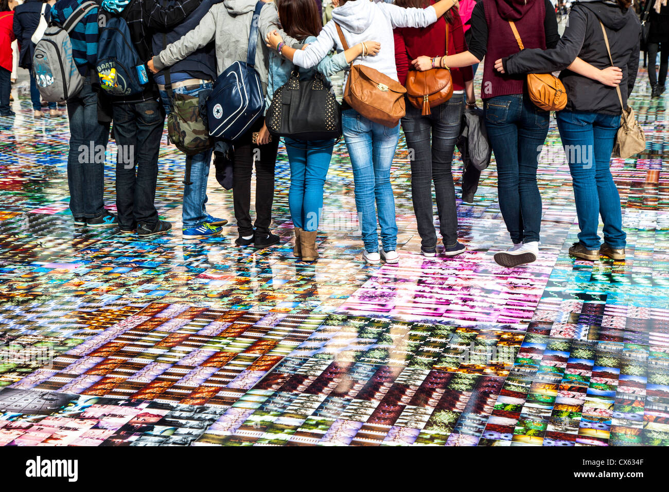 Photokina, worlds leading imaging fair, trade show for photography. Big installation of Lomography photos on the floor. Stock Photo
