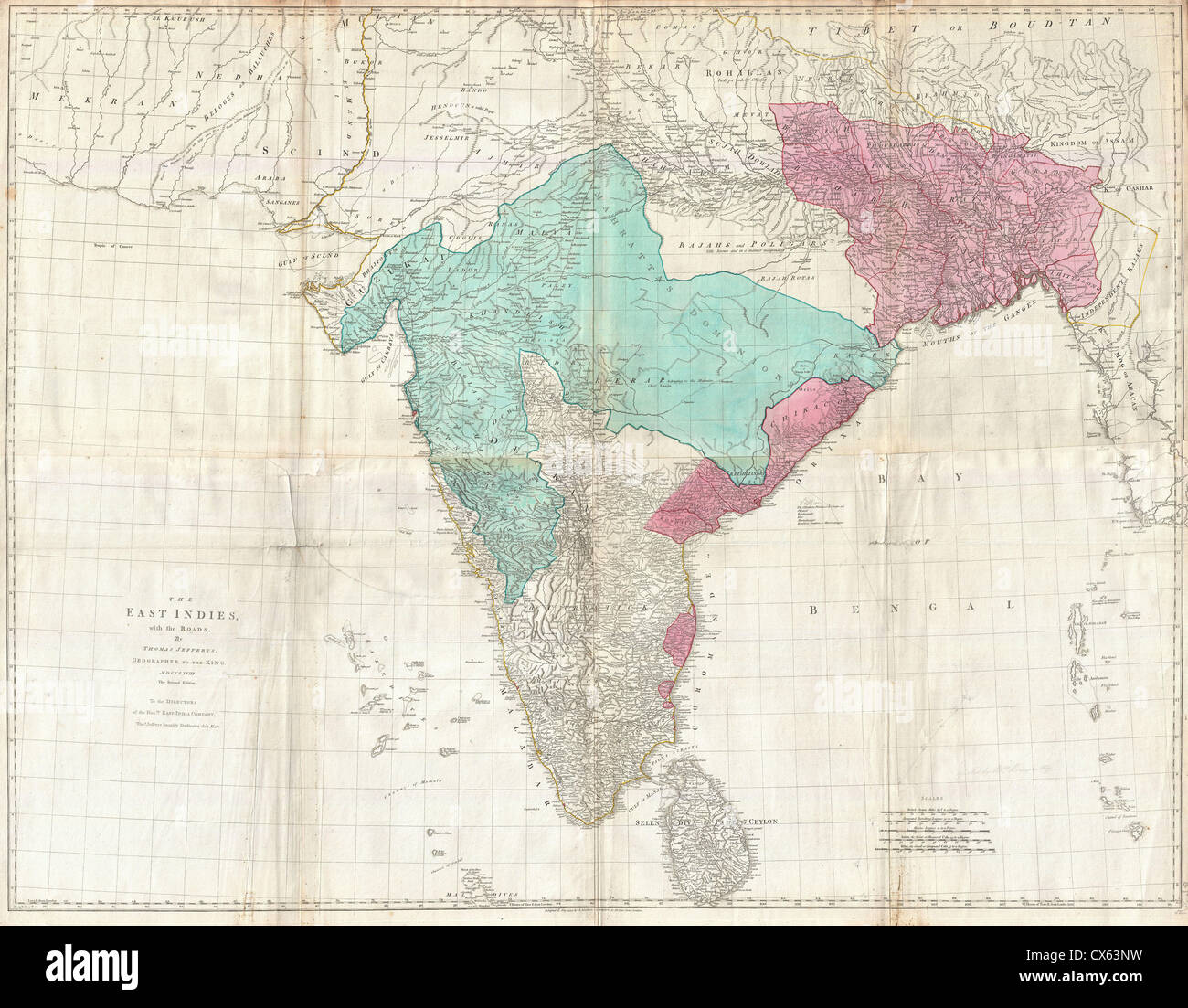 1768 Jeffreys Wall Map of India and Ceylon Stock Photo