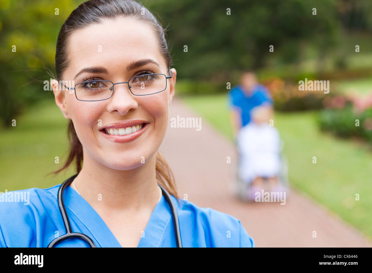 Friendly Female Doctor Portrait Outdoors Background Is Her Colleague