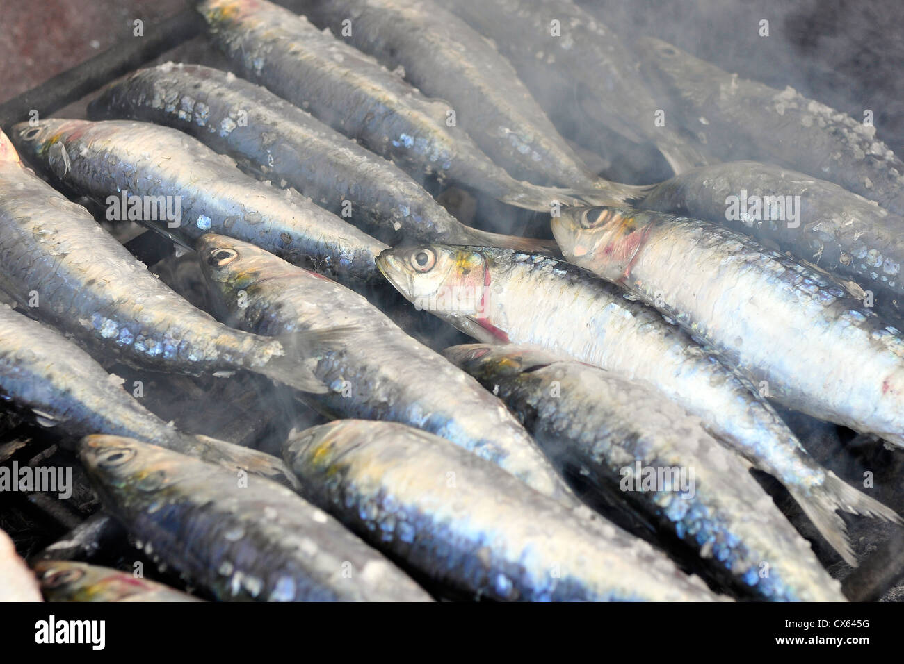 Fresh sardines being grilled in a charcoal grill with smoke around