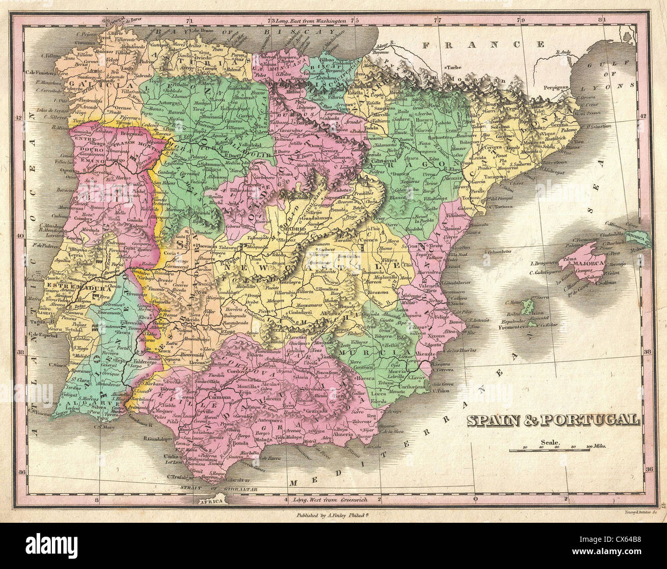 1827 Finely Map of Spain and Portugal Stock Photo