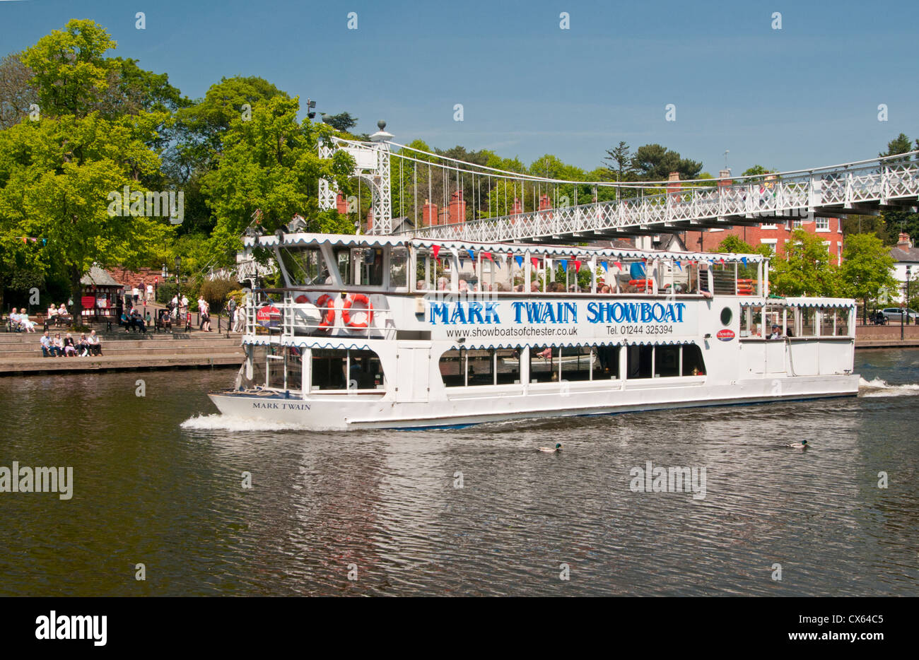 Mark Twain Tourboat on River Dee Beneath Queens Park Bridge, The Groves, Chester, Cheshire, England, UK Stock Photo
