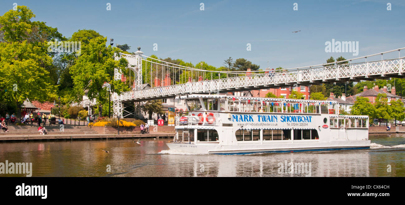 Mark Twain Tour boat on River Dee Beneath Queens Park Bridge, The Groves, Chester, Cheshire, England, UK Stock Photo
