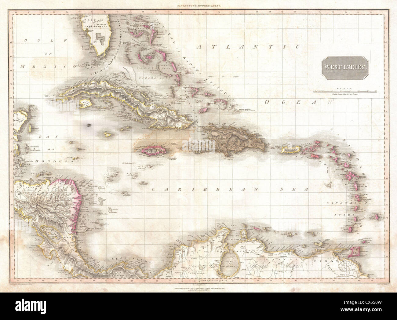 1818 Pinkerton Map of the West Indies, Antilles, and Caribbean Sea Stock Photo