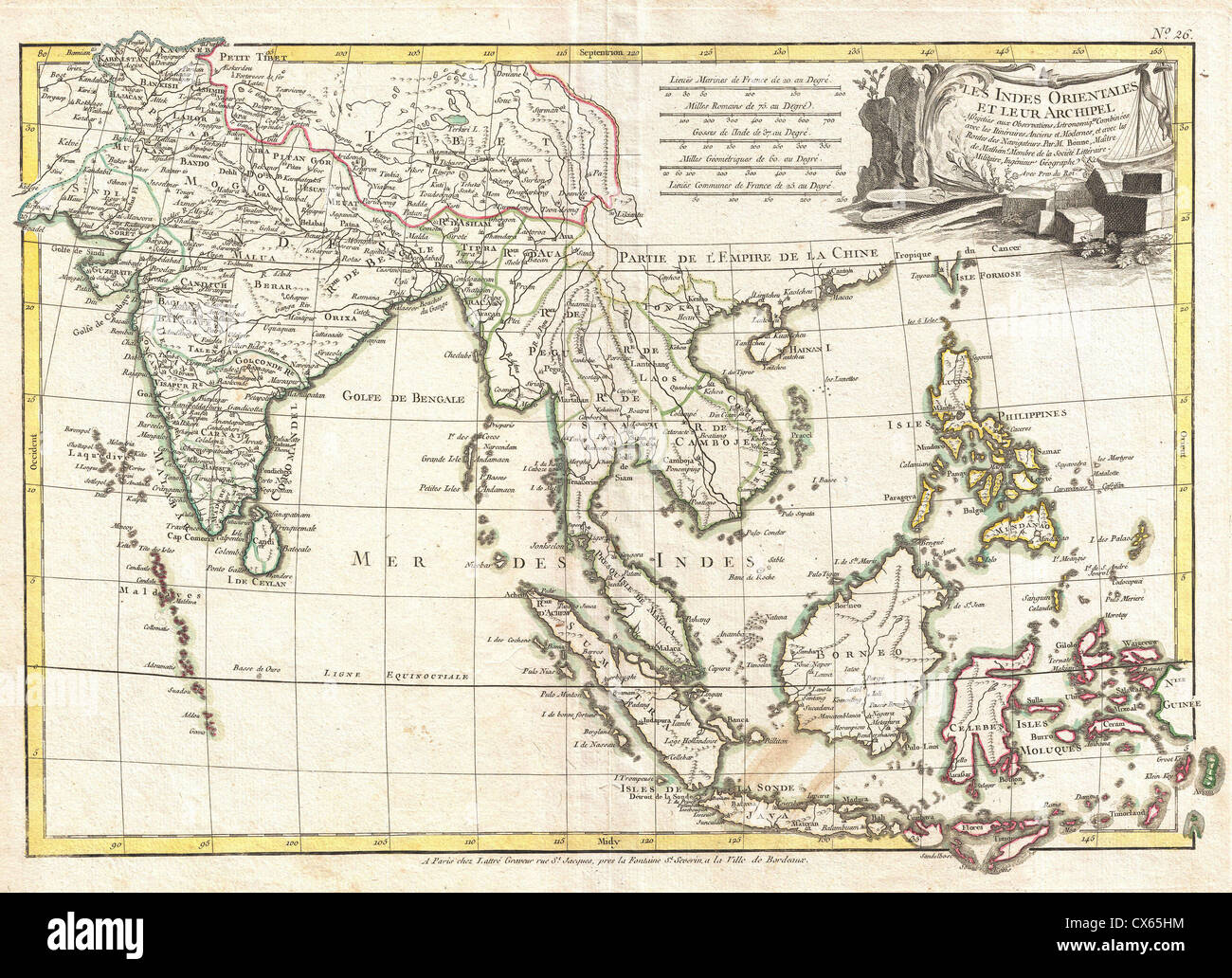 1770 Bonne Map of India, Southeast Asia ^ The East Indies (Thailand, Borneo, Singapore) Stock Photo