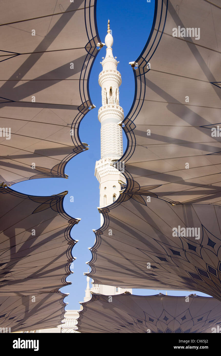 Fisheye view of giant umbrellas at Masjid Nabawi (Mosque) compound in