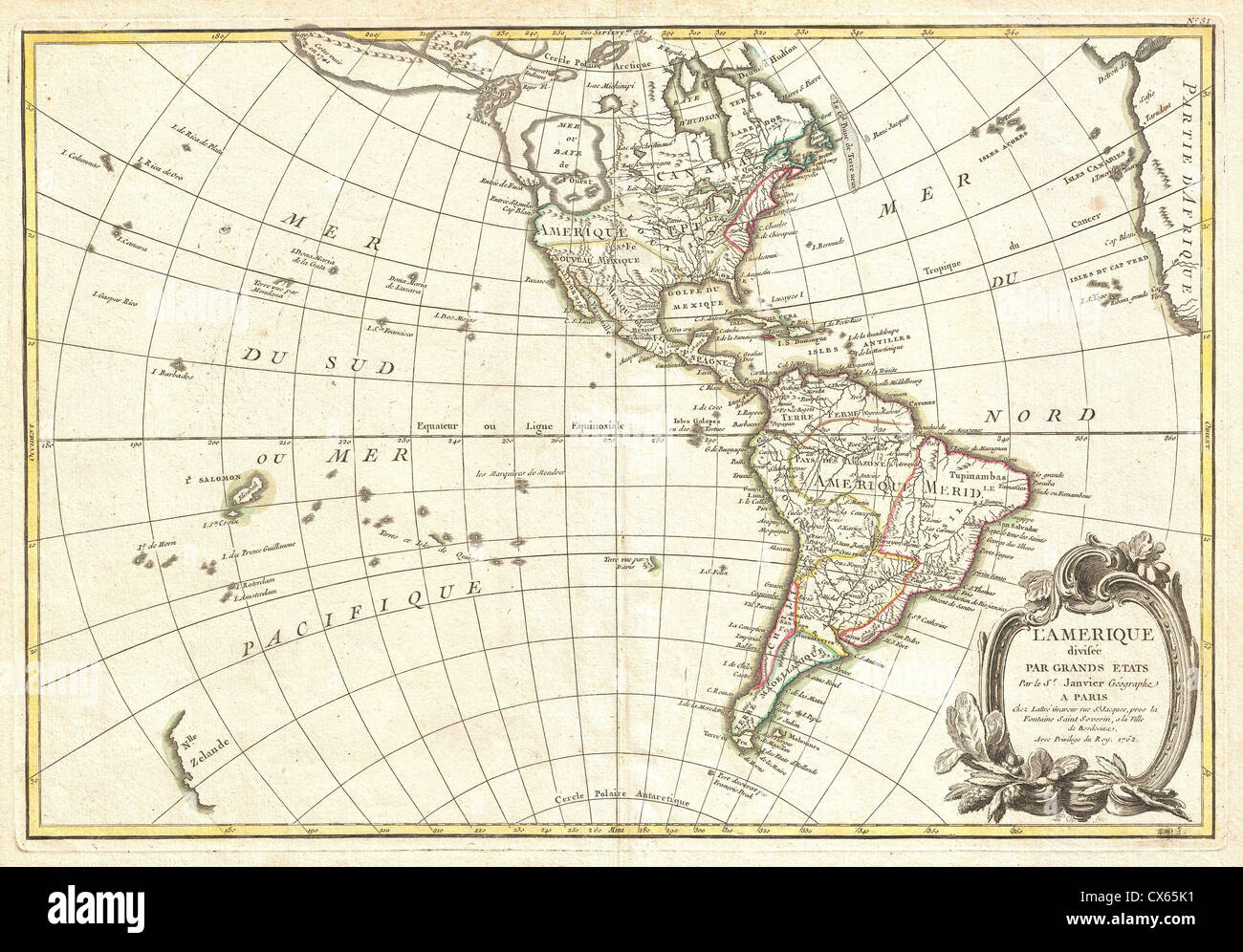 1762 Janvier Map of North America and South America (Sea of the West) Stock Photo