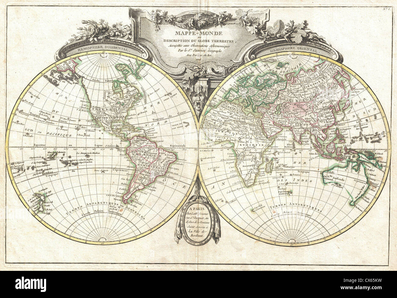 1775 Lattre and Janvier Map of the World on a Hemisphere Projection Stock Photo