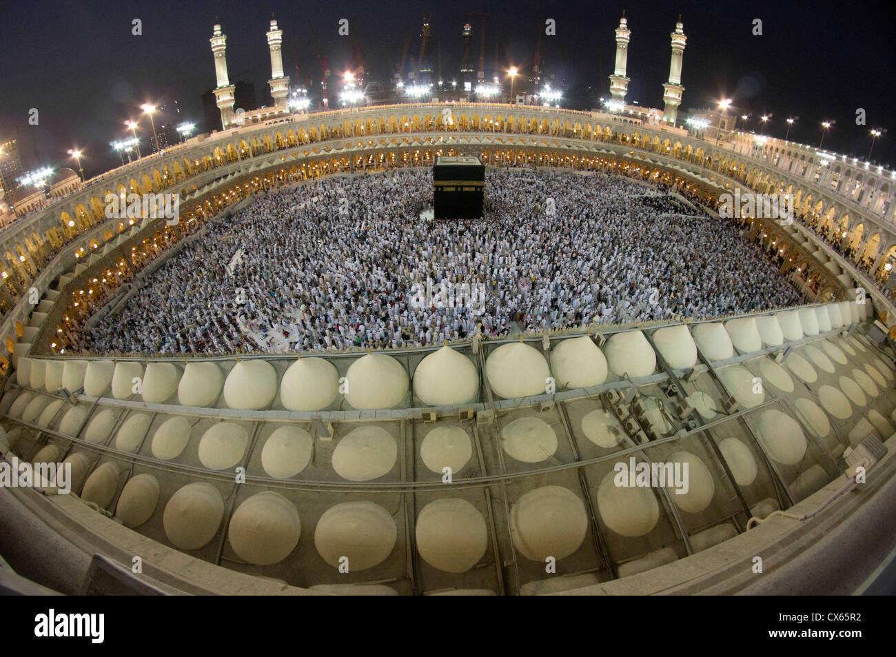 Fisheye effect of Muslim pilgrims circumambulate Kaabah at Masjidil Haram in Mecca, Saudi Arabia. Stock Photo