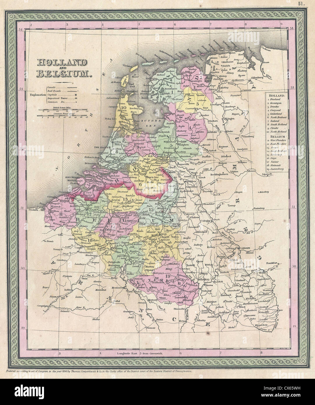 1850 Mitchell Map of Holland and Belgium Stock Photo