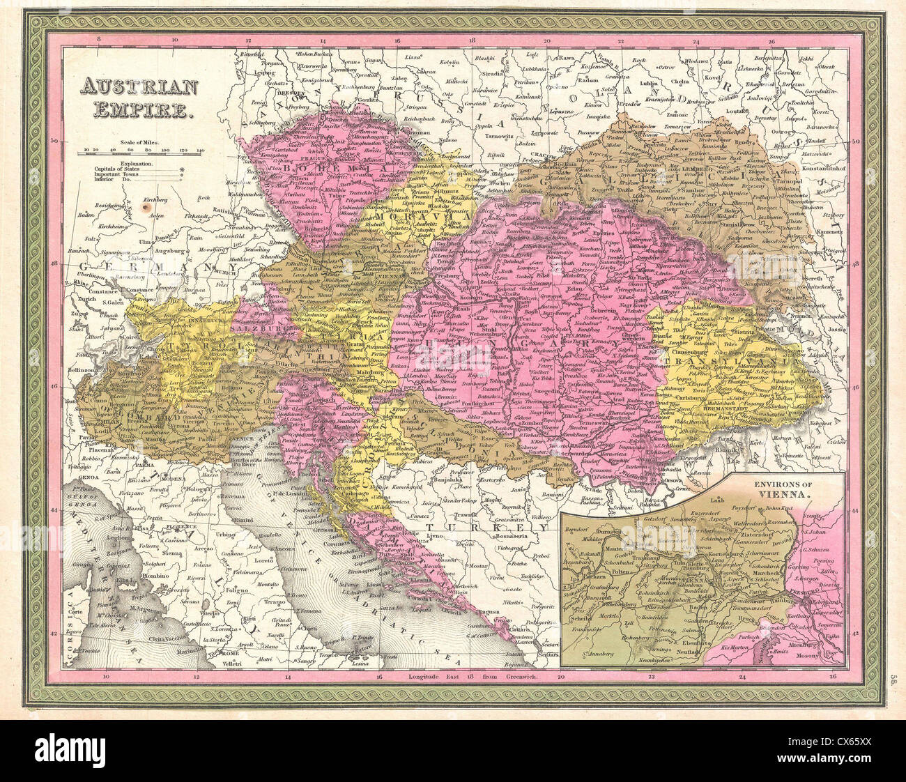 The 1850 Mitchell map of Austria, Hungary, and Transylvania is a historical artifact showcasing the geopolitical layout of the region in the mid-19th century. The map reflects the borders and divisions of these historic territories. Stock Photo