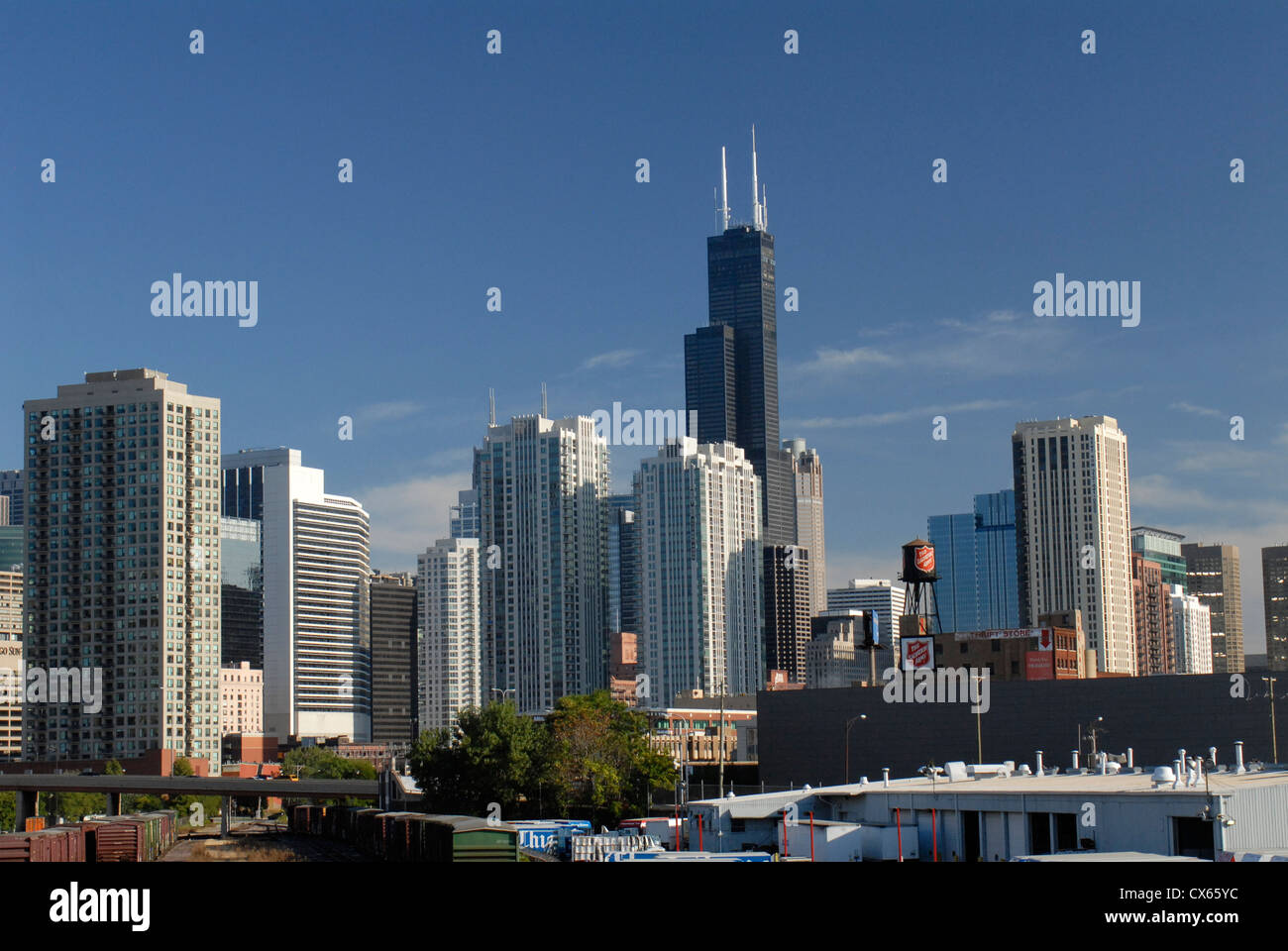 Chicago skyline, Chicago Illinois. Willis Tower is the black building. Stock Photo