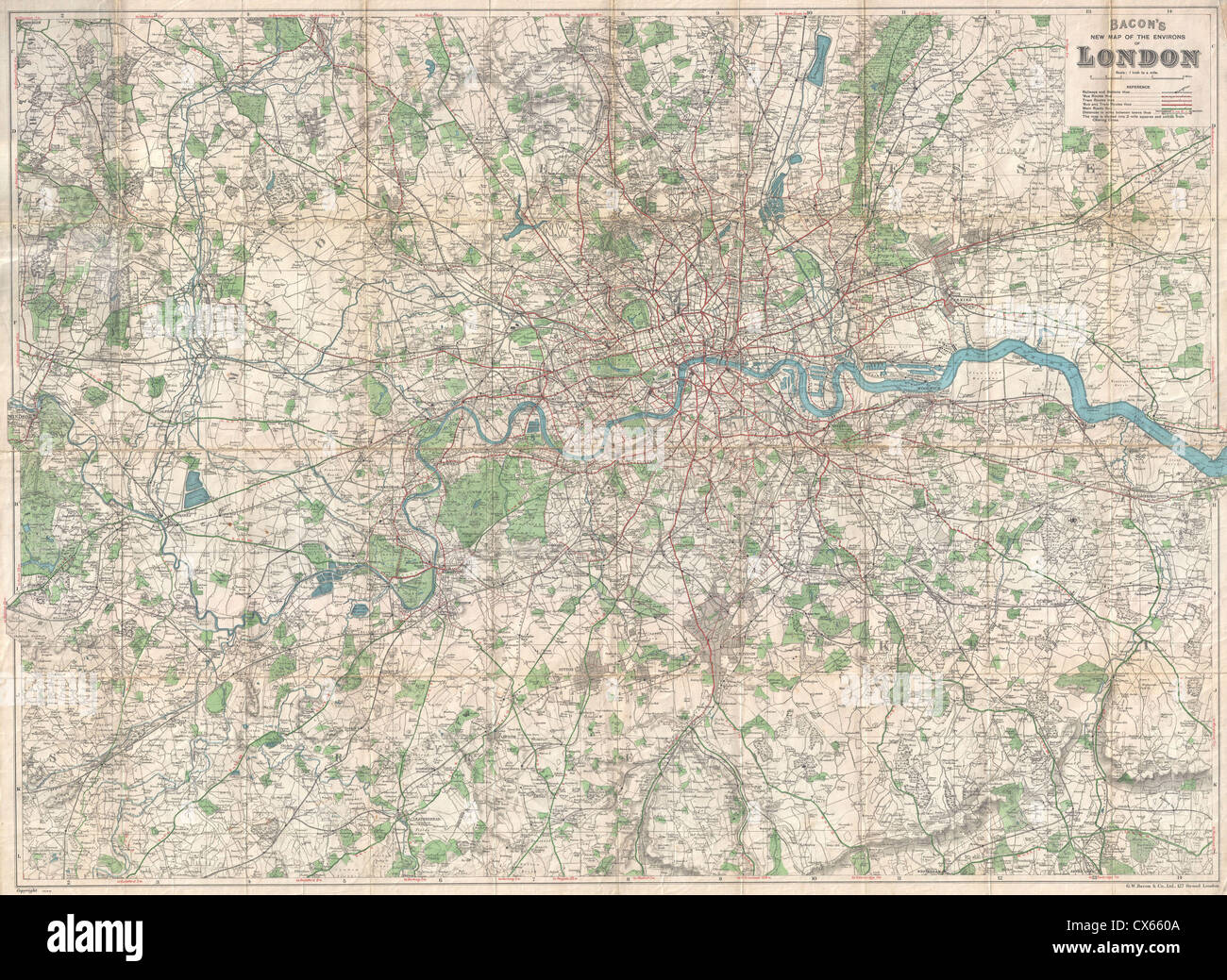 1920 Bacon Pocket Map of London, England and Environs Stock Photo