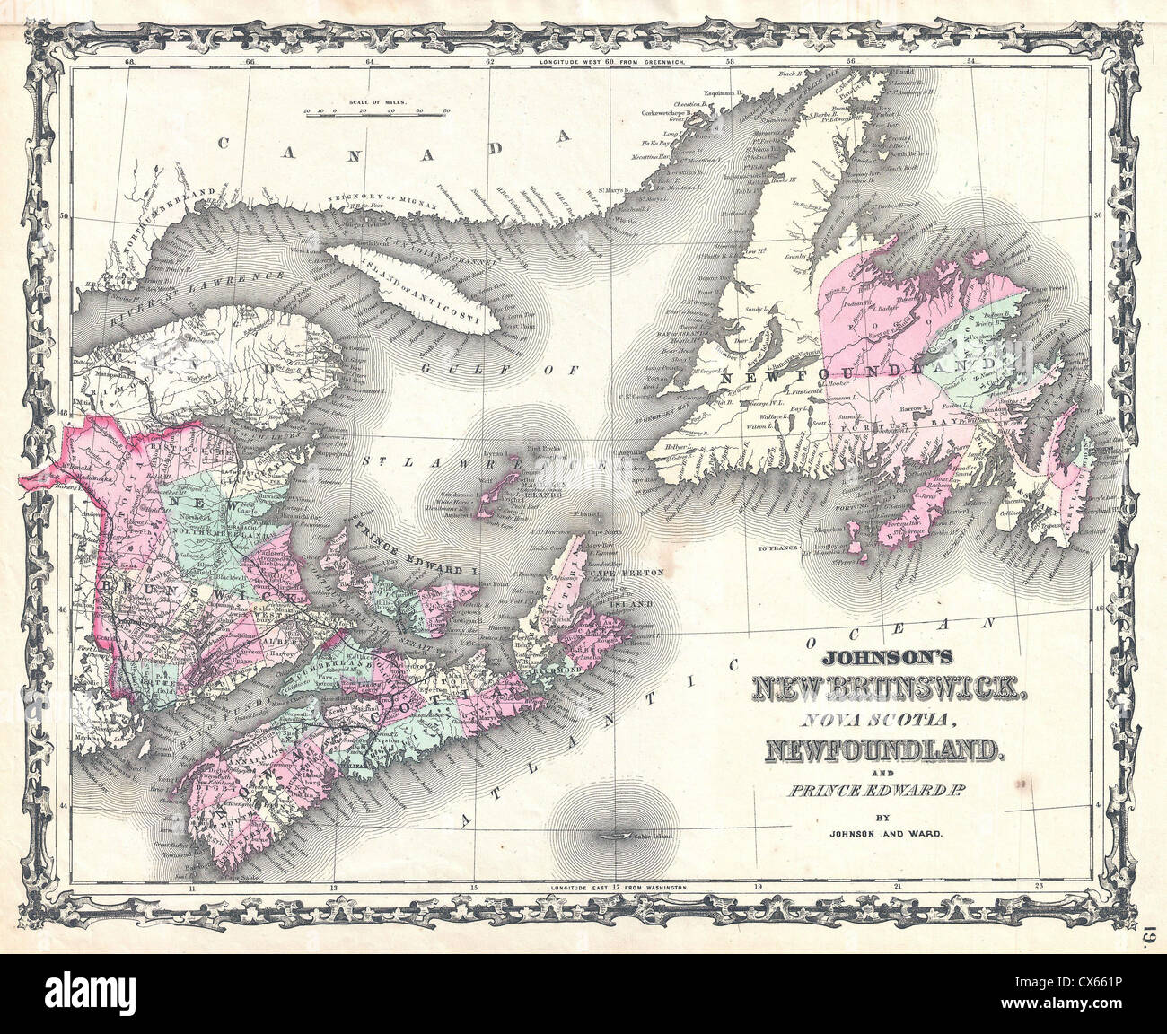 1862 Johnson Map of New Brunswick, Nova Scotia and Newfoundland, Canada Stock Photo