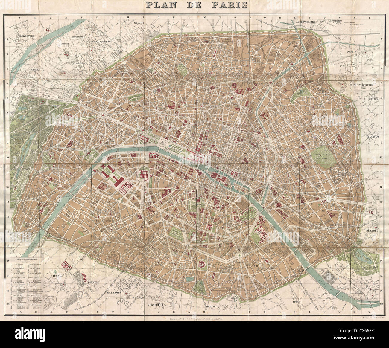 1894 Hachette Pocket Map of Paris, France (shows Eiffel Tower) Stock Photo