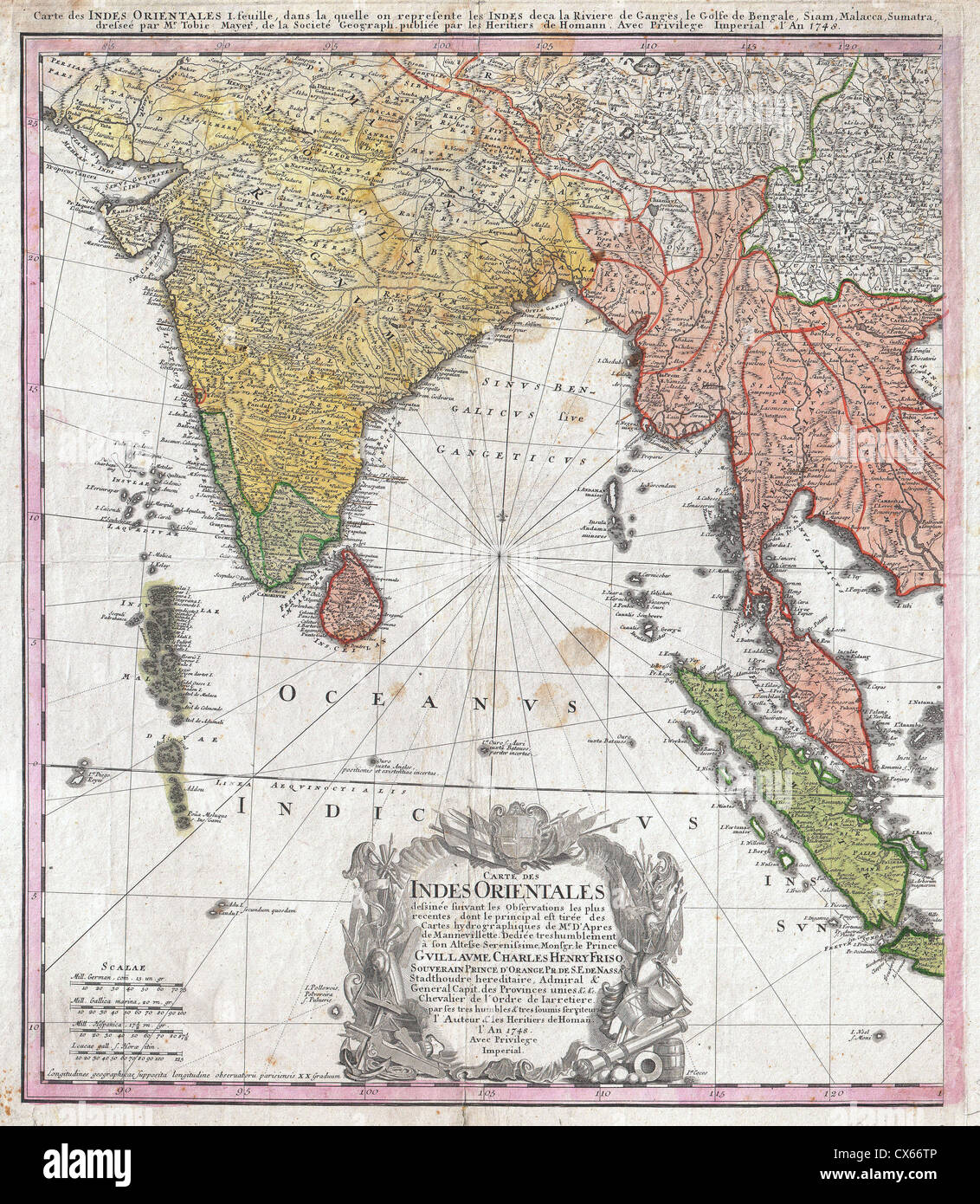 1748 Homann Heirs Map of India and Southeast Asia Stock Photo