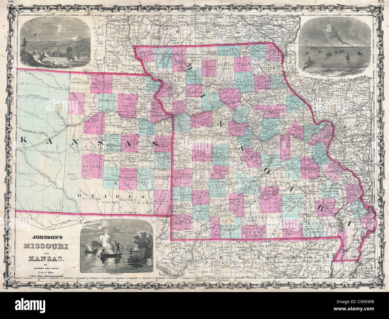 1862 Johnson Map of Kansas and Missouri Stock Photo