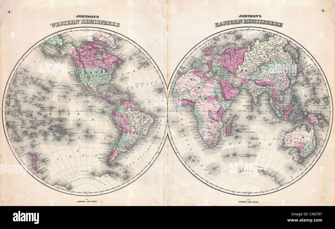 1862 Johnson Map of the World on Hemisphere Projection - Stock Photo