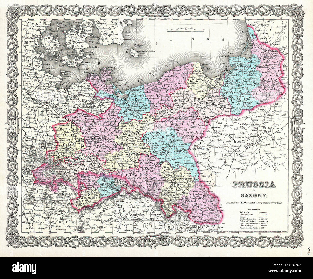 1856 Colton Map of Prussia and Saxony, Germany Stock Photo
