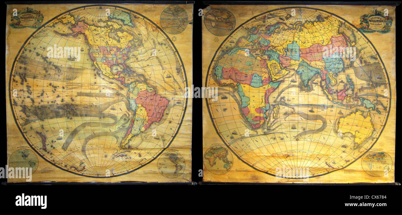 1858 Set of Two Pelton Wall Maps, Western Hemisphere and Eastern Hemisphere - Stock Photo