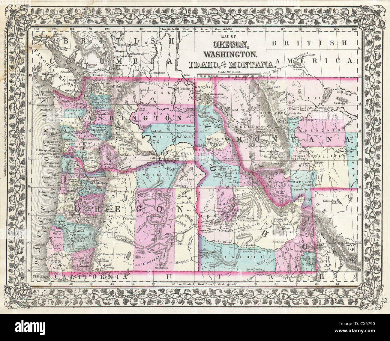 1877 Mitchell Map of Oregon, Washington, Idaho and Montana Stock Photo