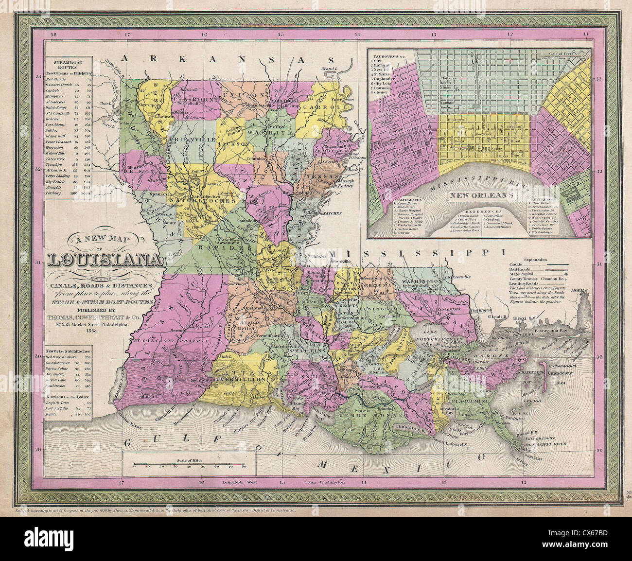 1853 Mitchell Map of Louisiana - Stock Photo
