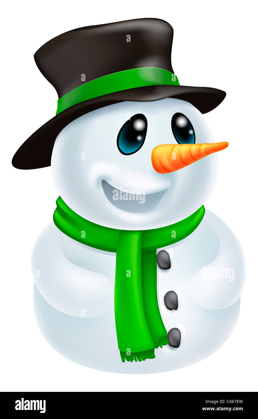 Happy cute cartoon Christmas Snowman character with hat and green scarf ...