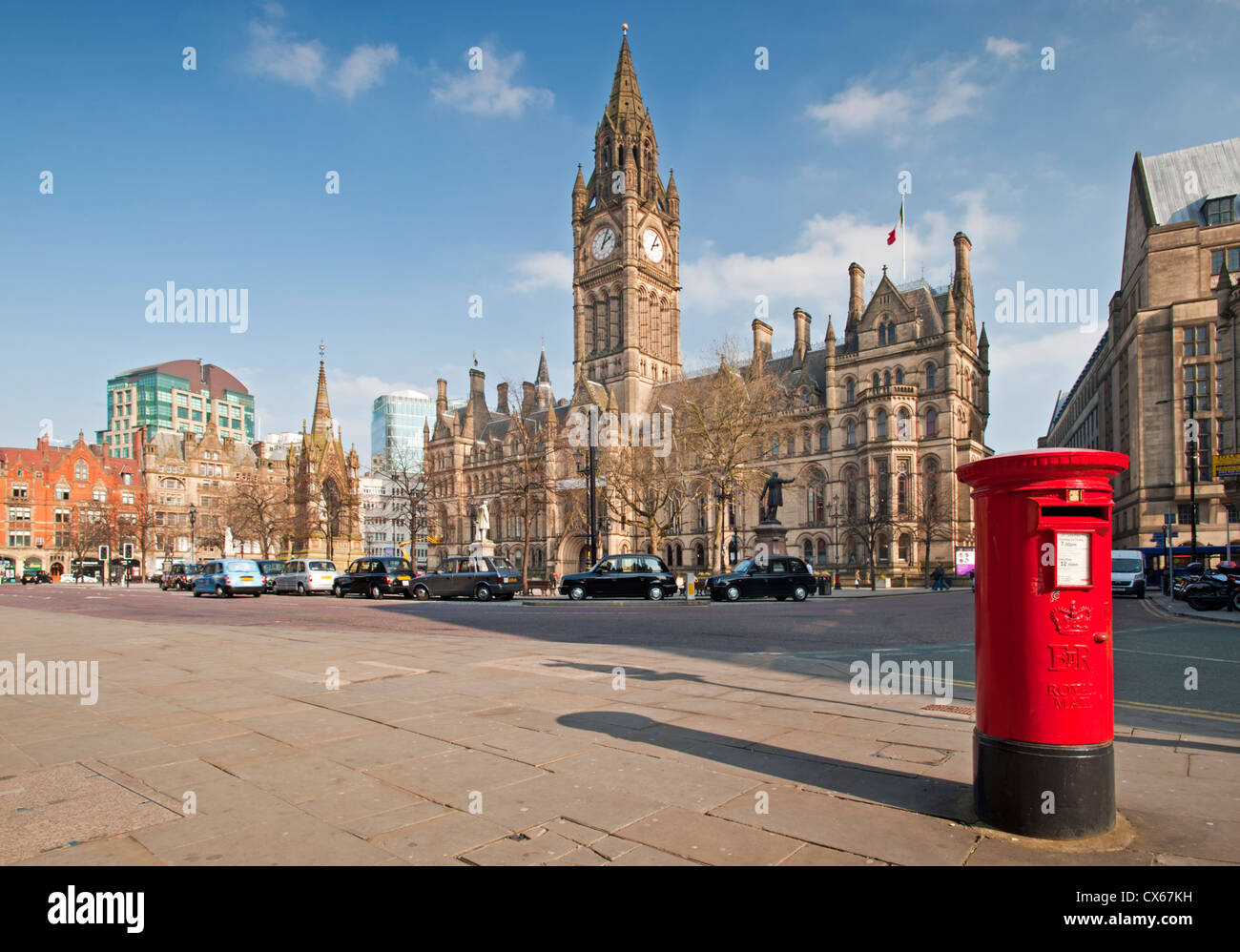 Manchester Town Hall, Albert Square & Pillar Box from Southmill Street, Greater Manchester, England, UK Stock Photo