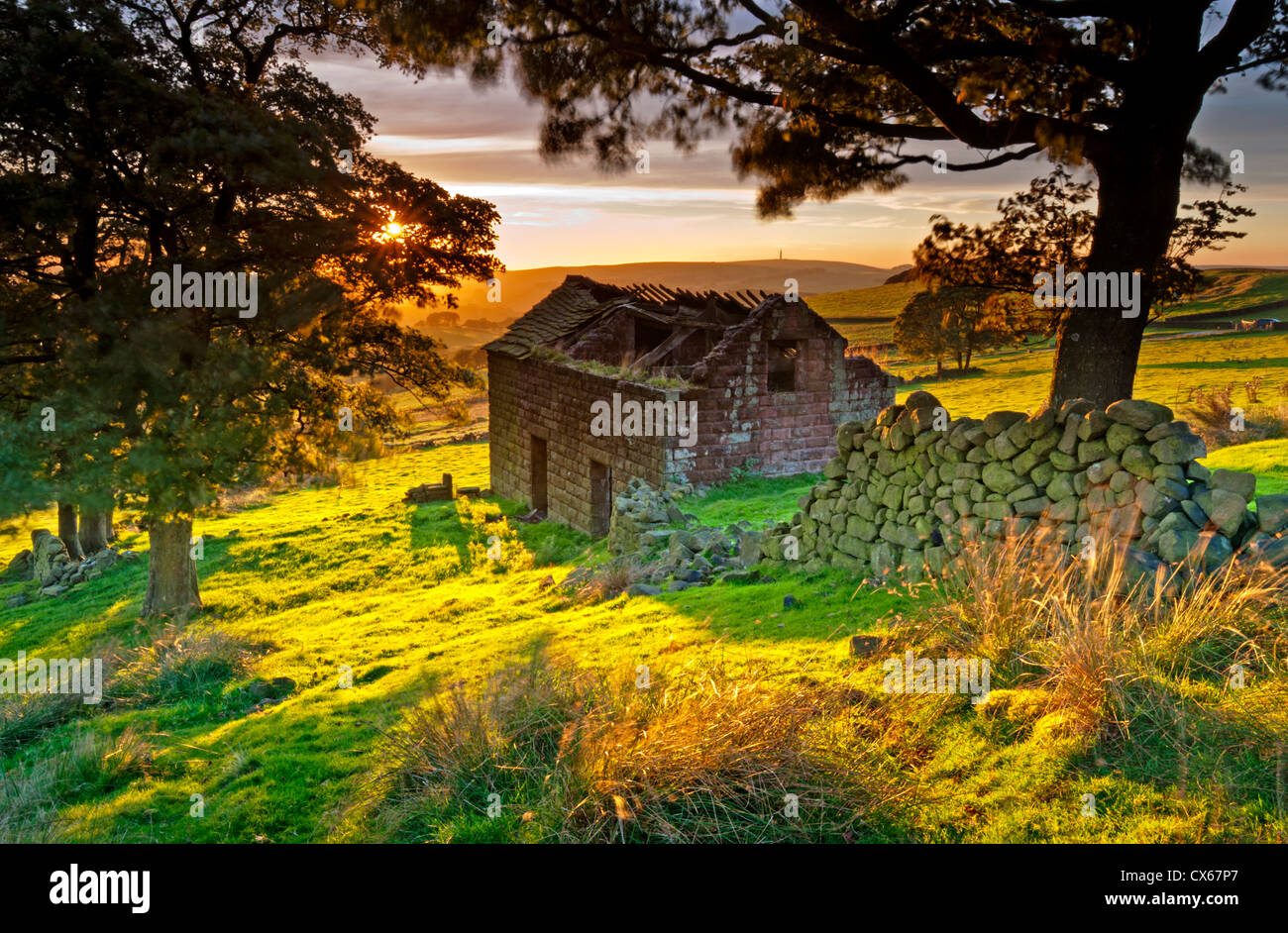 Dramatic Light on Old Abandoned Barn near Roach End, The Roaches, Peak District National Park, Staffordshire, England, UK Stock Photo
