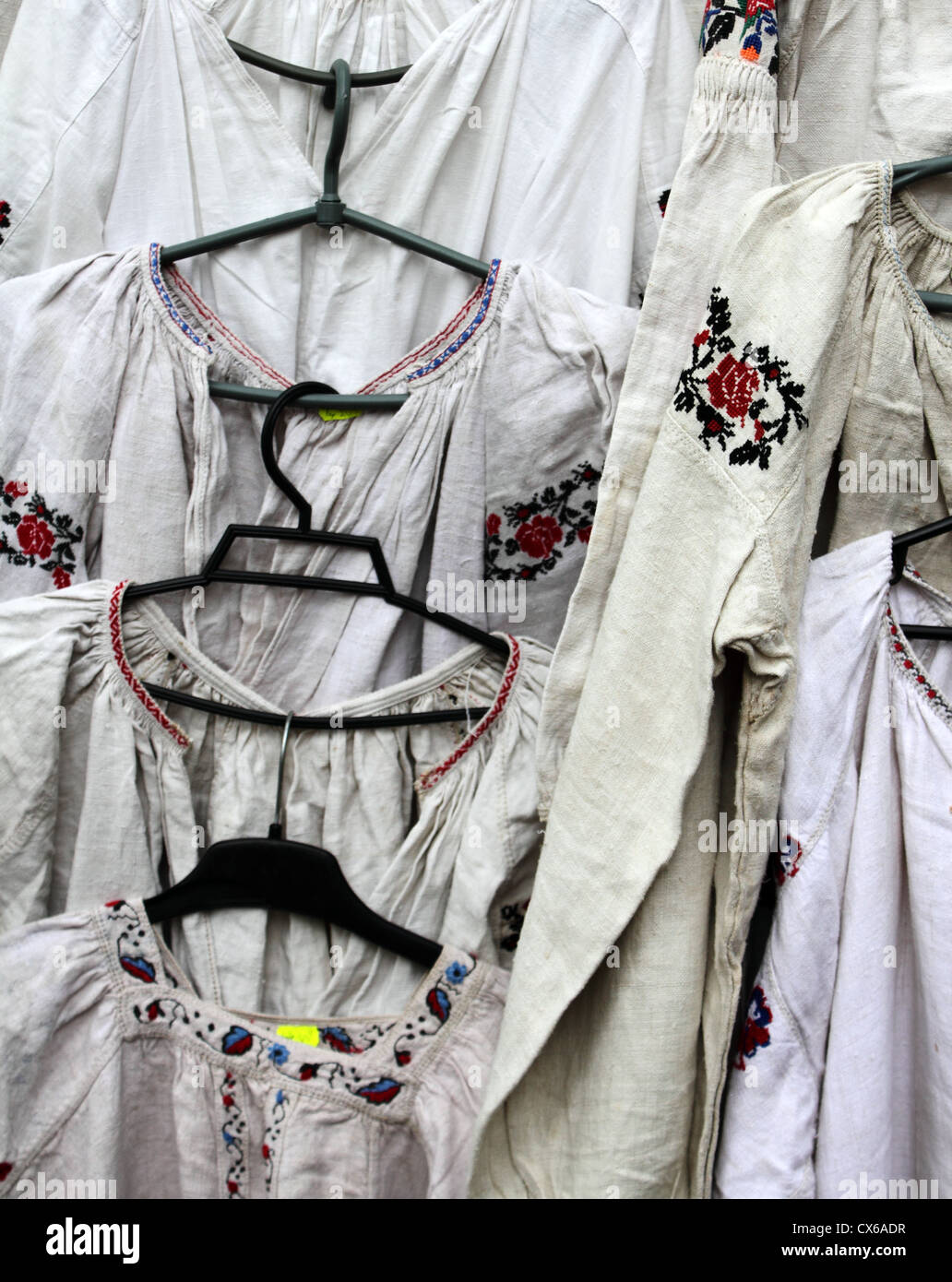 showcase with dresses decorated with the Ukrainian national embroidery Stock Photo