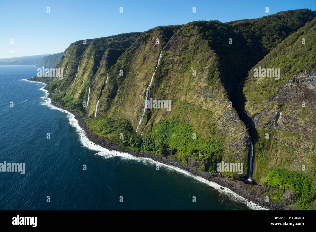 Waterfalls, North Kohala Coast, Big Island of Hawaii Stock Photo