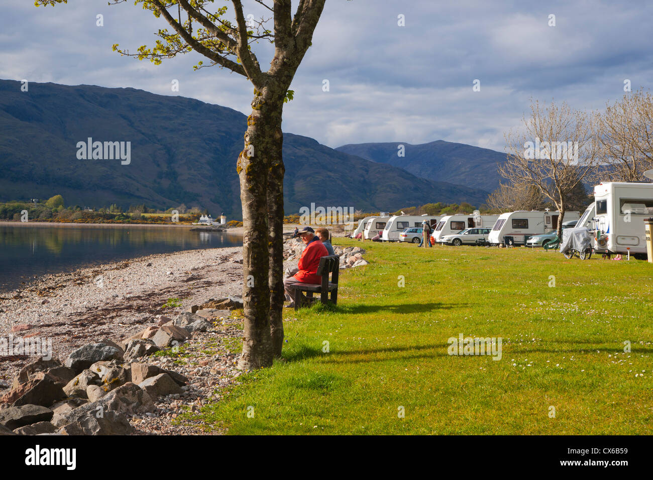 Caravans, Loch Linnhe at Onich, looking to Ardgour, Highland Region, Scotland, UK Stock Photo