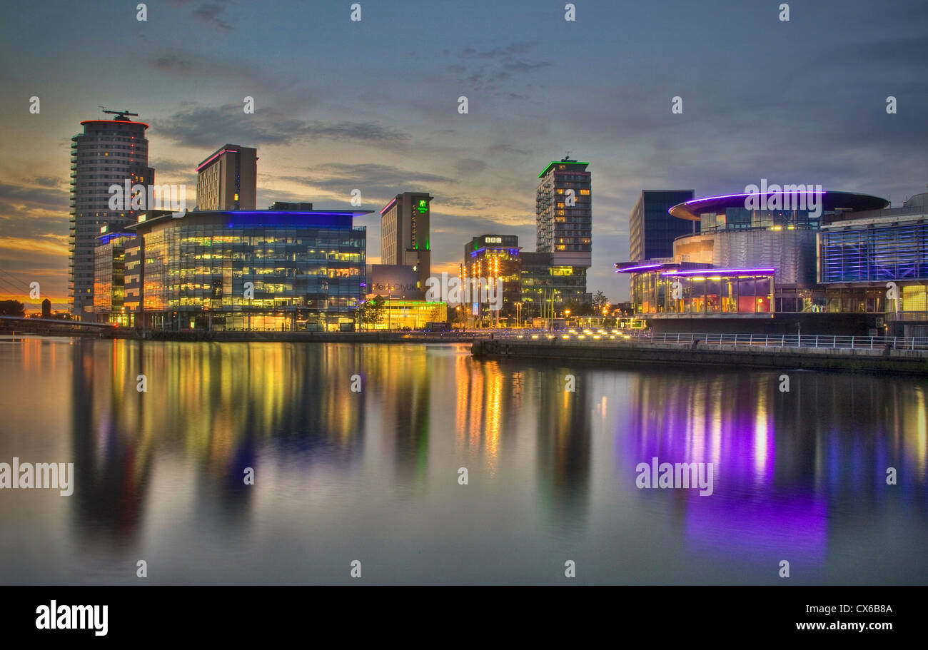 BBC Media City UK, Salford Quays. at evening plusThe Lowry Theatre, Salford Manchester UK Stock Photo