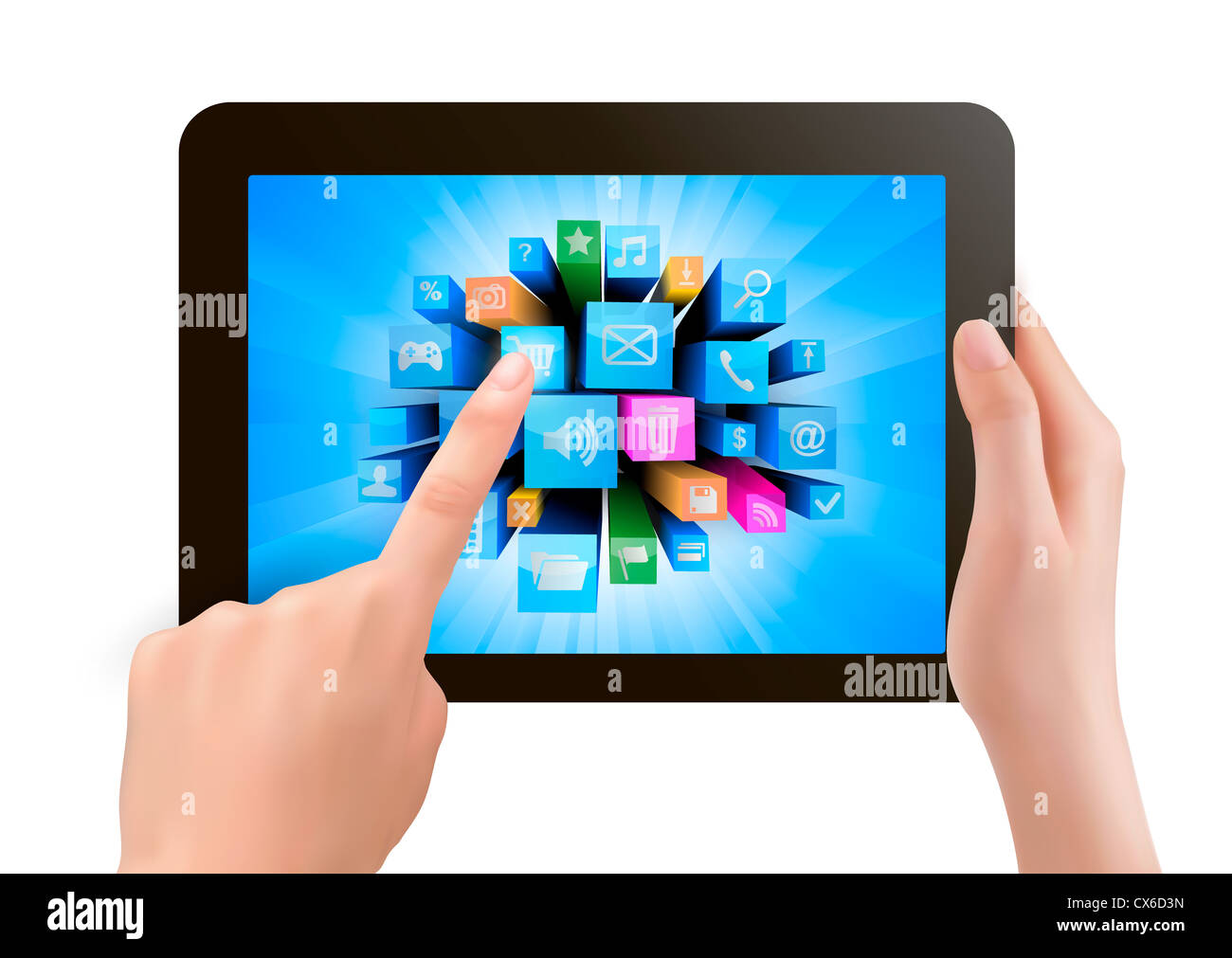 Hand holding touch pad pc and finger touching it's screen with icons ...