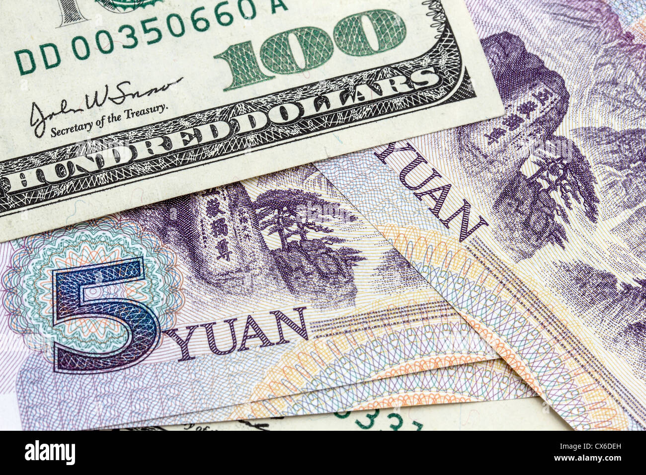 USD and Chinese Yuan closeup Stock Photo