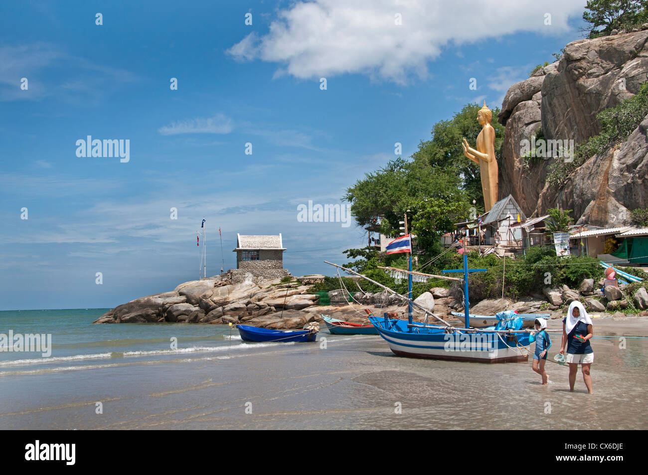 Beach Sea Water Large Golden Buddha Statue Khao Takiab Buddhist