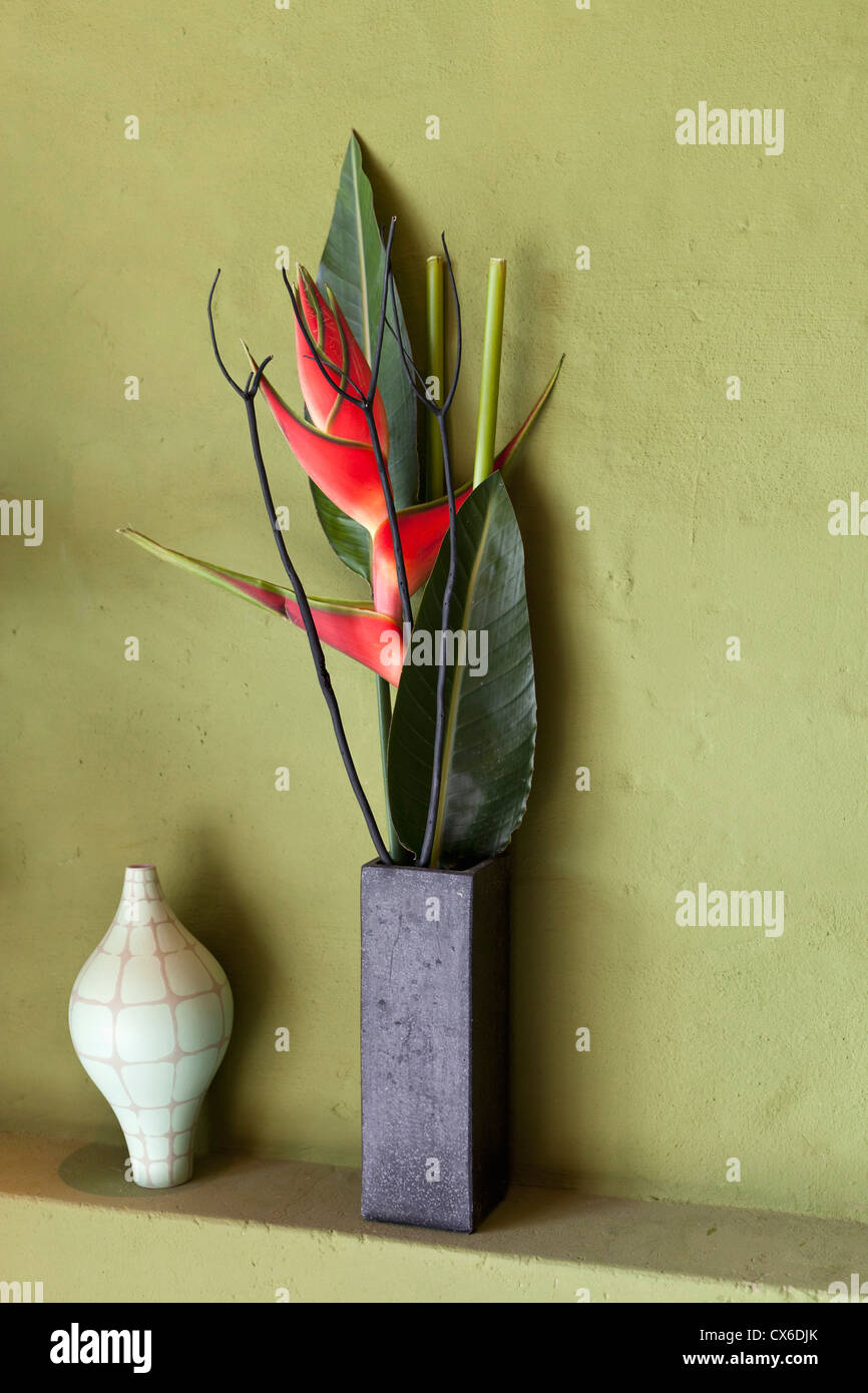 Flowers and vases on a shelf Stock Photo