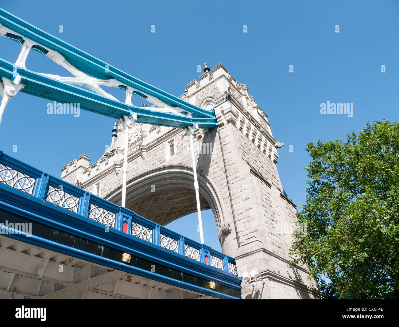 View of the North Tower of Tower Bridge, from St Katherine Docks, London, UK Stock Photo