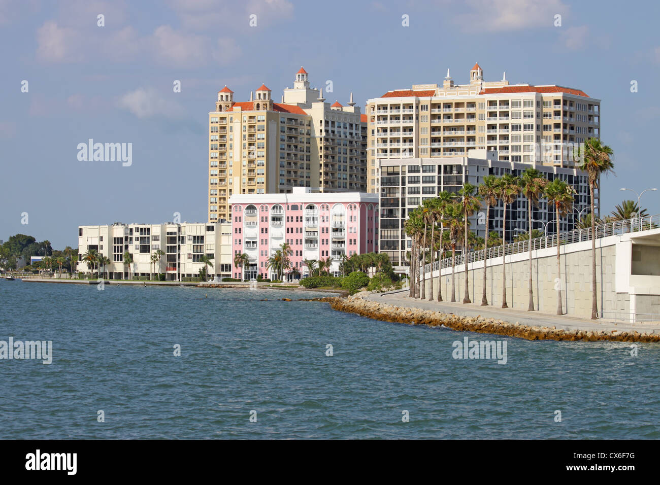 View of buildings on the edge of Sarasota Bay, Sarasota, Florida from