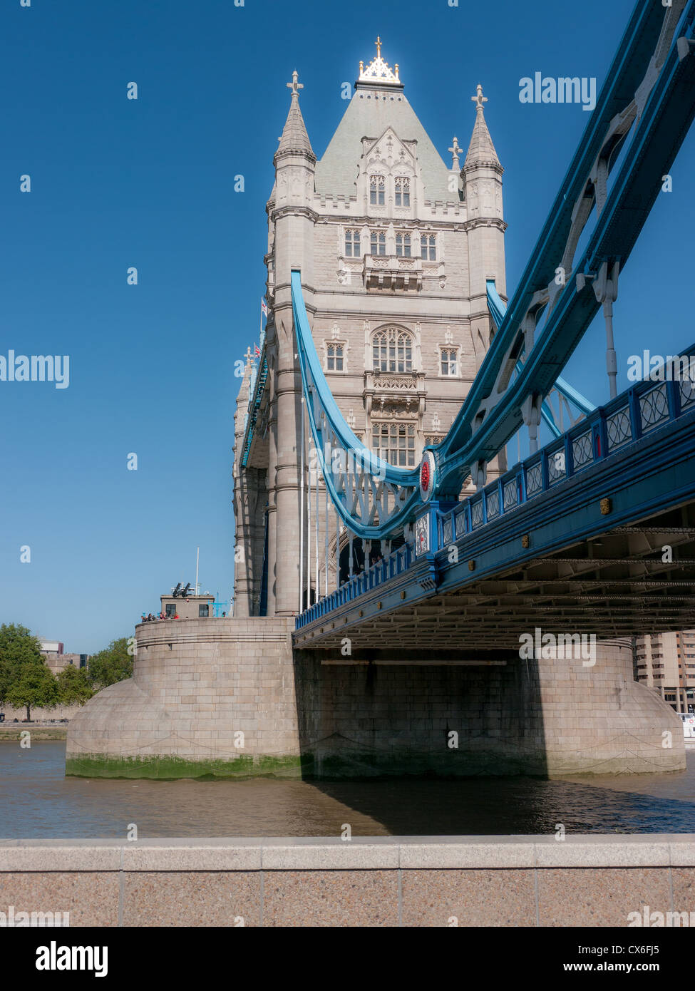 View of the North Tower of Tower Bridge from the South Bank London, UK Stock Photo