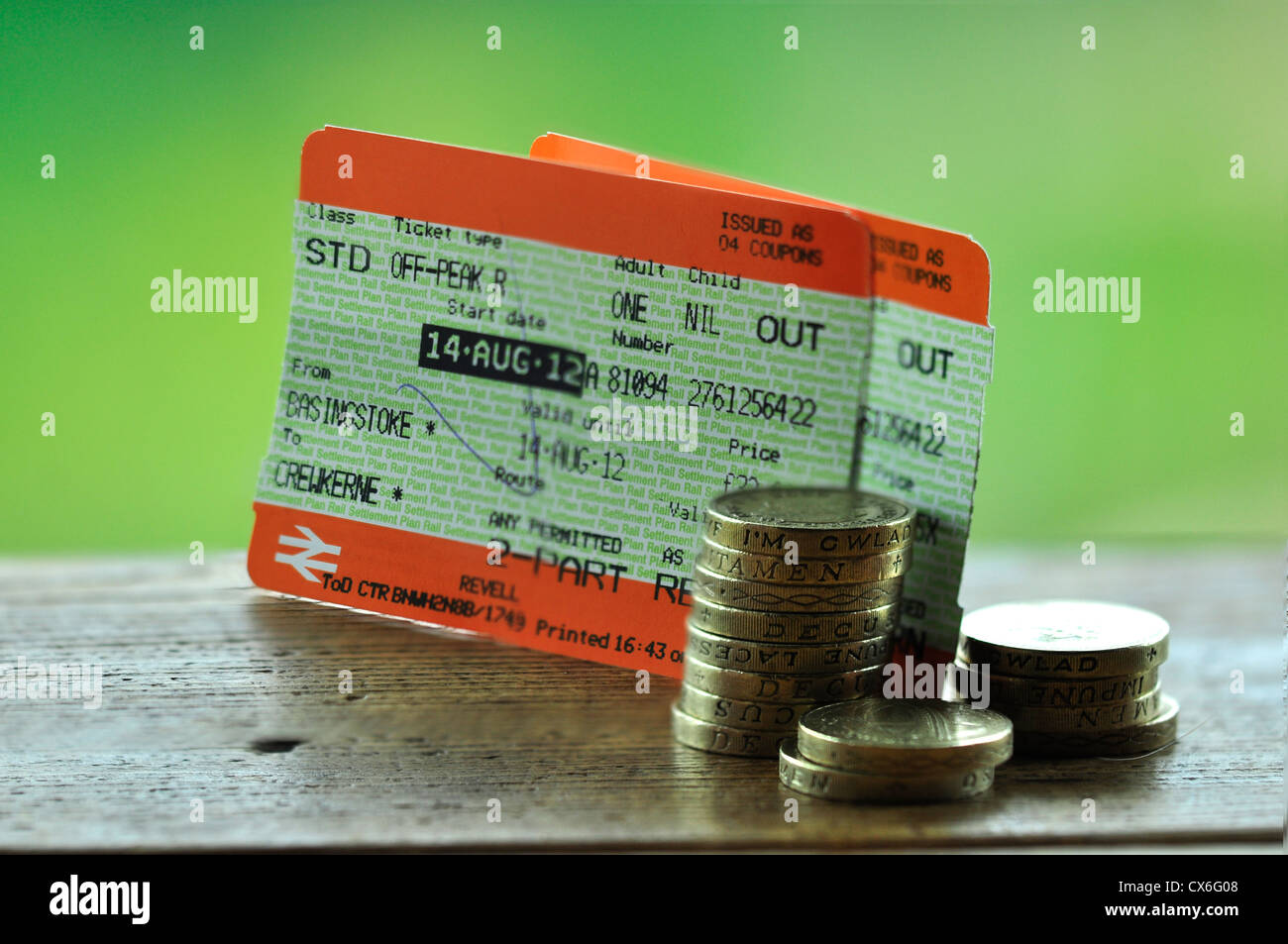 Stacks of money for train fares UK Stock Photo