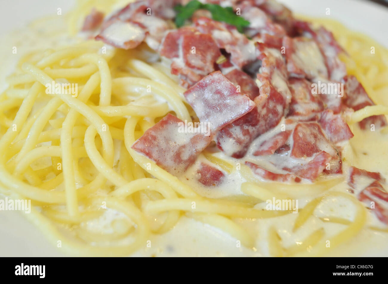 Spaghetti Carbonara with Beef Bacon Stock Photo