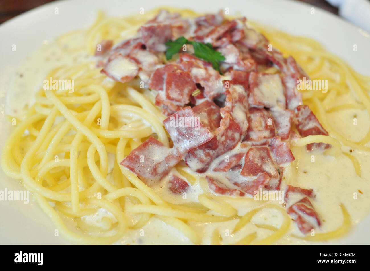 Spaghetti Carbonara with Beef Bacon Stock Photo