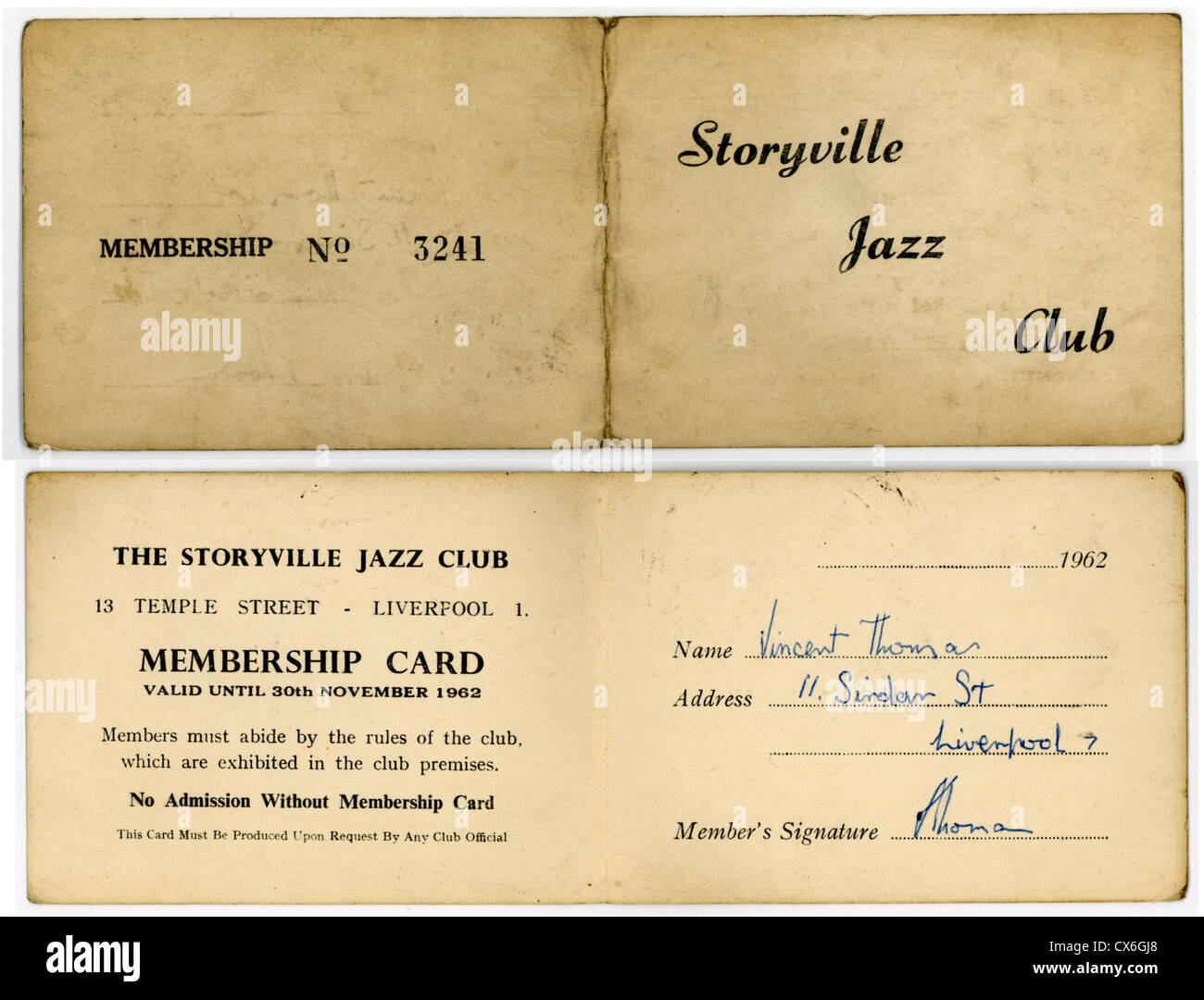 000520 - Storyville Jazz Club 1962 Membership Card Stock Photo