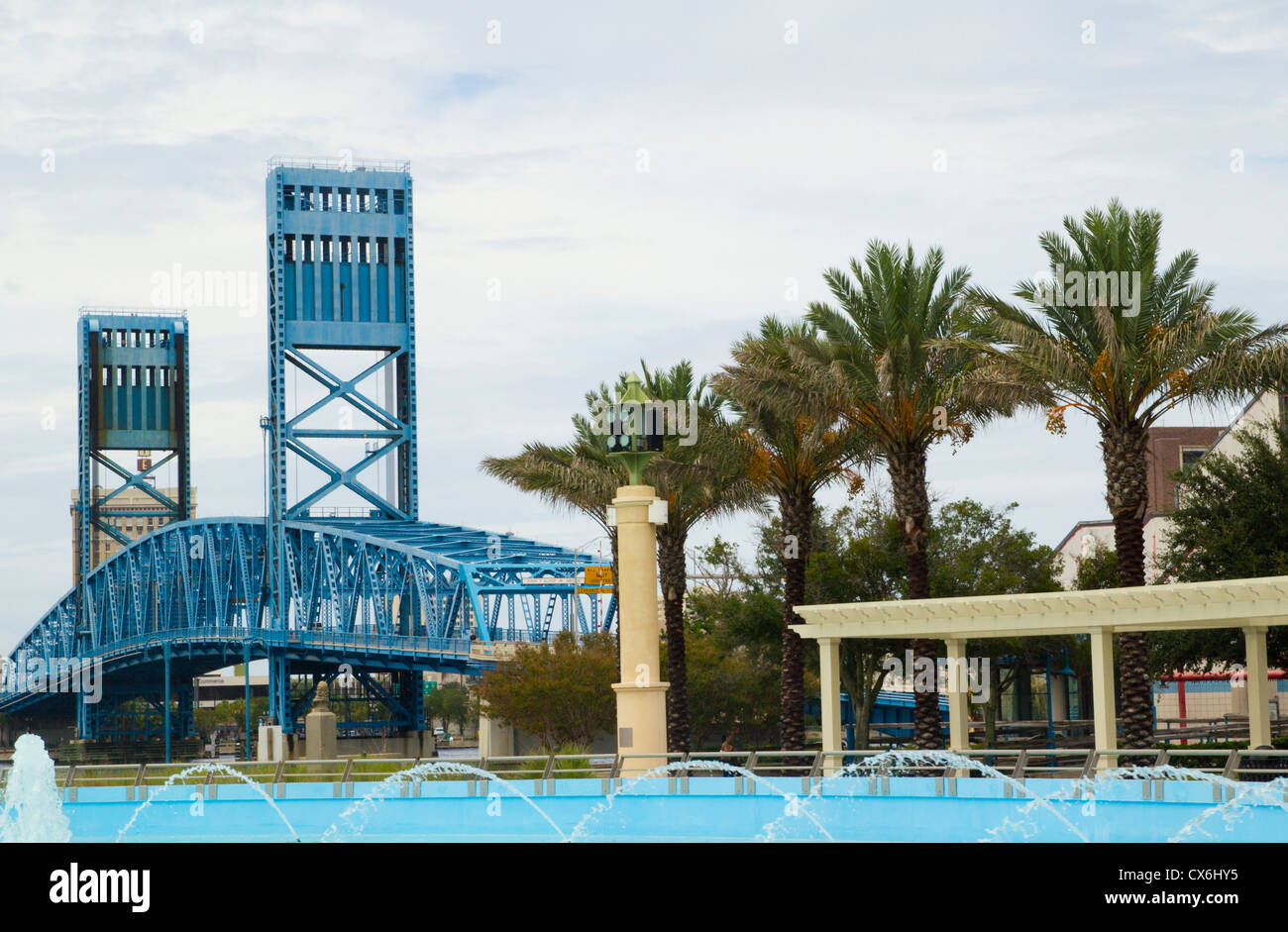 Jacksonville, FL bridge surrounded by water fountains. Stock Photo