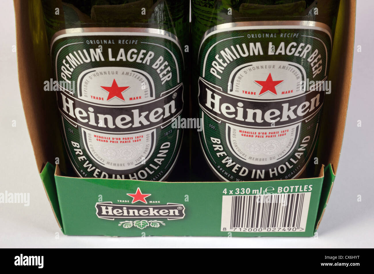 Four-pack of Heineken bottled beer Stock Photo