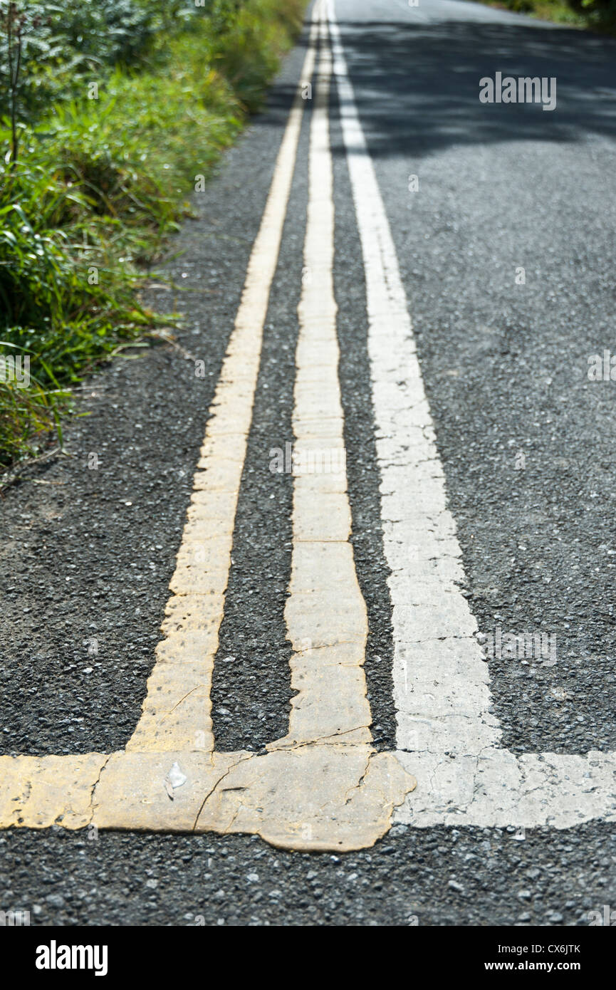 Three yellow no parking lines on a UK country road Stock Photo Alamy