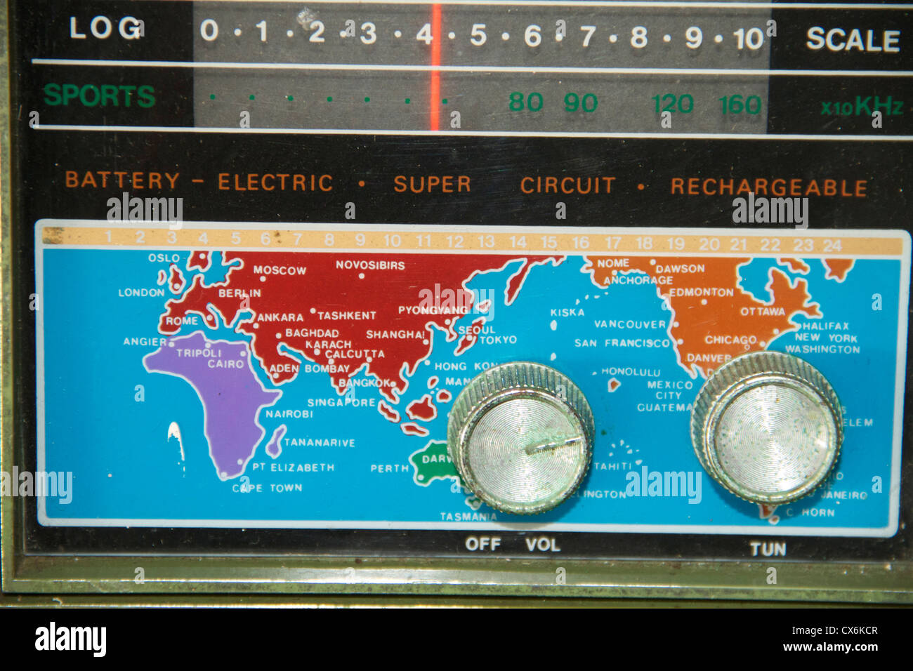 A colorful Dash board of a retro radio with world map on it. Stock Photo