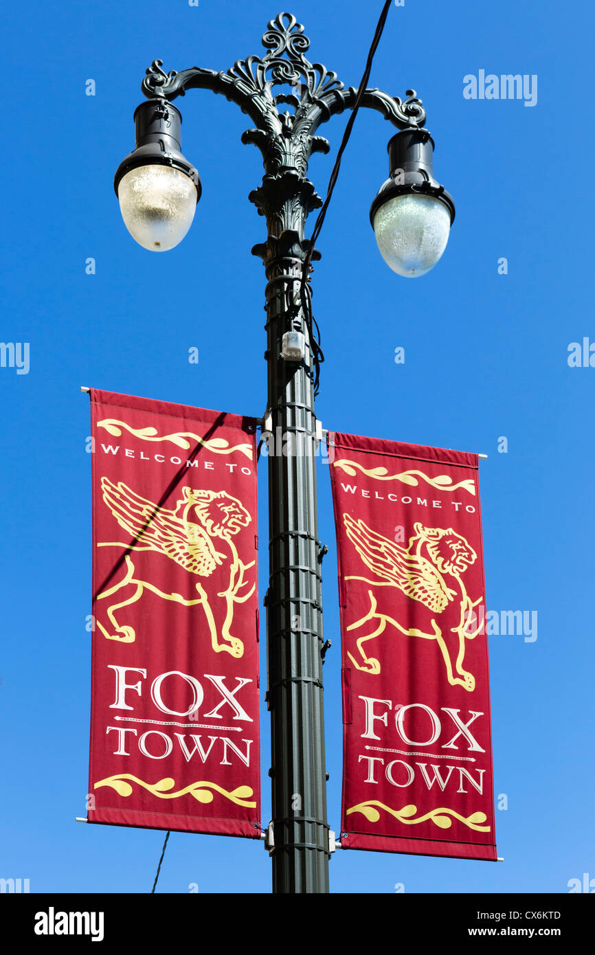 Lamppost banner in the Foxtown district (Grand Circus Park Historic District), Woodward Avenue, Detroit, Michigan, USA Stock Photo