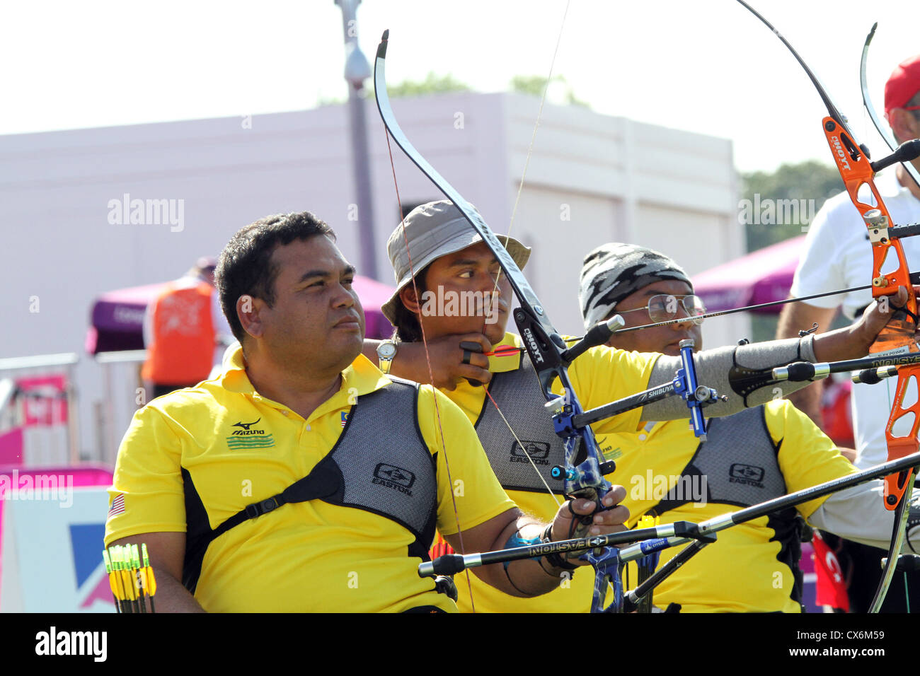 Zulkifli Mat Zin, Mohd Zafi Rahman Mat Saleh and Hasihin Sanawi of Malaysia Archery - Men's Team Recurve - Open Stock Photo